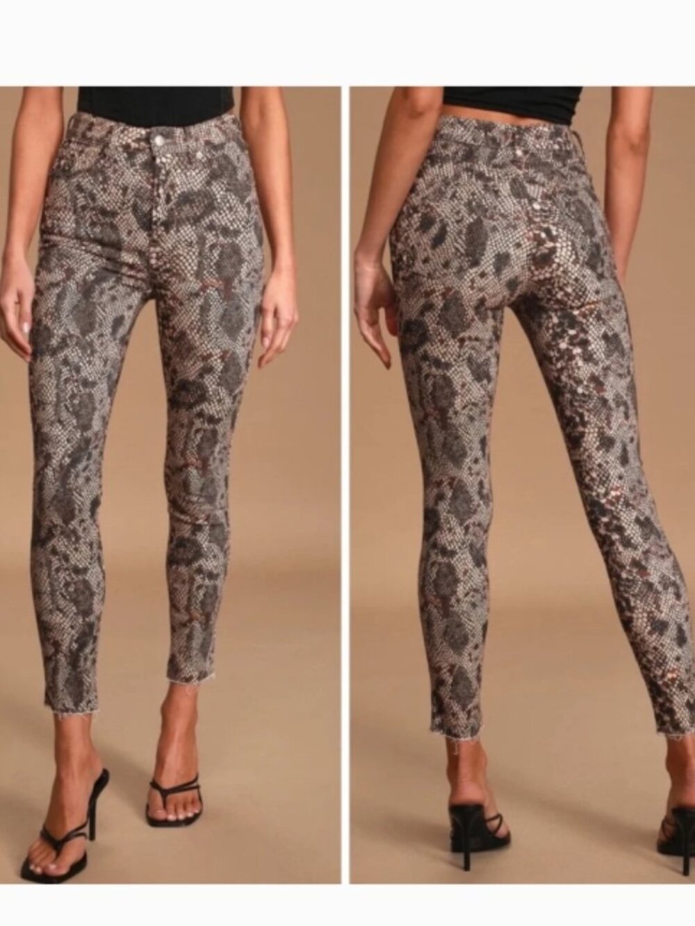 Like New! FREE PEOPLE High-Rise Black Tan Snake Print Raw Hem Size 27